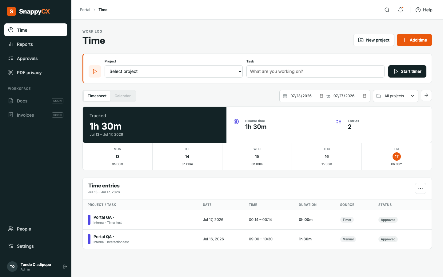 SnappyCX Portal time tracking workspace